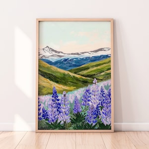 Iceland Travel Illustration, Valley Landscape, Lupine Flowers