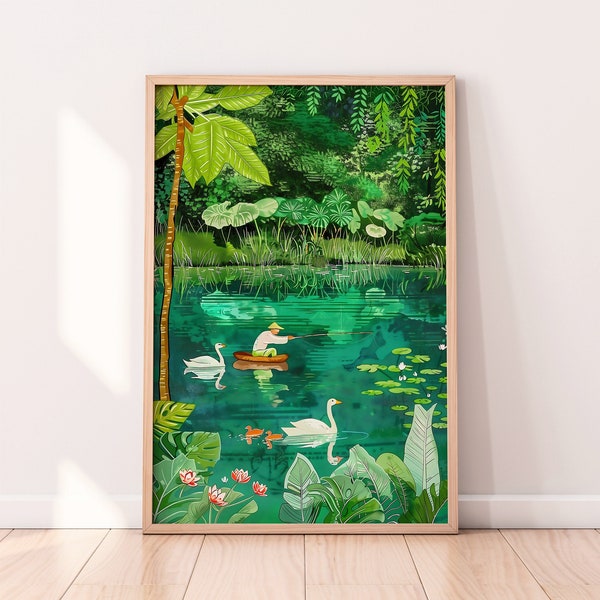 Tropical Lake Illustration, Botanical Wall Art, Colorful Scenery Wall Art, Digital Printable Art