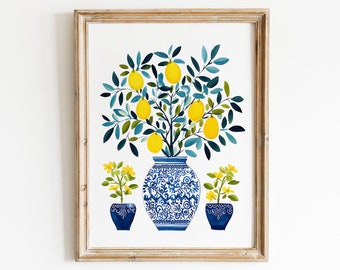 Lemon Tree Art Print: Blue Vase, Floral Gouache Painting (Digital Download)