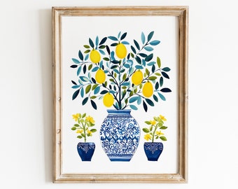 Lemon Lemons Tree Olive Blue White Vase Plants Floral Flowers Art Print Ginger Jar Gouache Bohemian Wall Decor Farmhouse