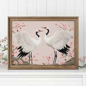 Ilustración de pájaros grulla japonesa, bandada japonesa de grullas, impresión de arte de pared, arte de pared asiático, arte de aves, arte japonés, cartel de pájaro de color boho