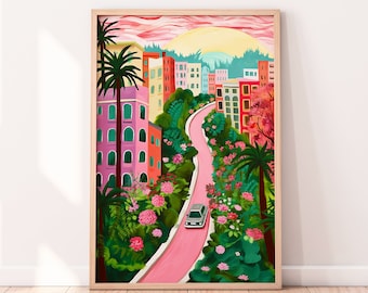 San Francisco Travel Illustration, Lombard Street, Vibrant Colorful Wall Art, Gouache Painting