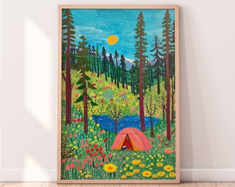 Camping Day Art Print, Colorful Wall Art, Forest Themed Home Decor