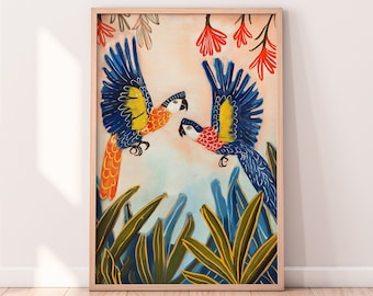 Cockatoos, Colorful Illustration, Tropical Scenery Wall Art Floral Summer Bright Vibrant Print, Digital Download