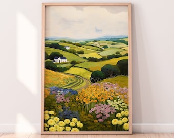 English Countryside Painting, Travel Illustration, Rustic Meadow Print