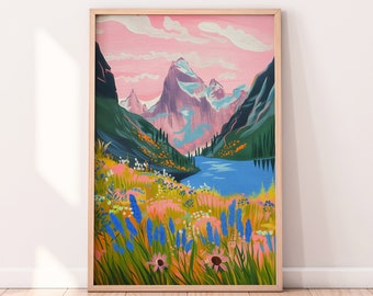 Abstract Pink Mountain Artwork, Colorful Wall Art, Acrylic Art, Lake Illustration, Living Room Decor, Scenery Art Print