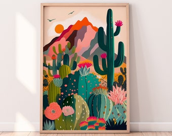 Arizona illustration Print, Saguaro National Park, Housewarming gift, Cactus, Colorful wall art Bright Vibrant Art