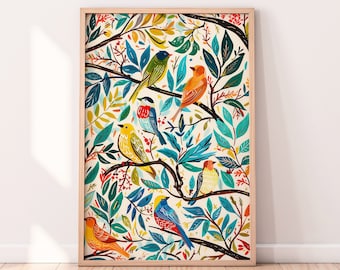 Colorful Birds Illustration, Nature Gouache Illustration, Nursery Art, Printable Digital Download
