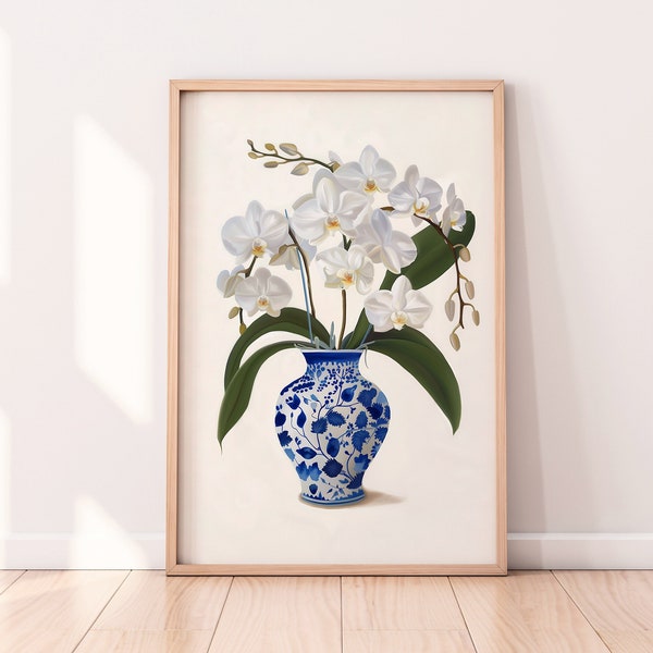 White Orchids Flower Art, Navy Blue White Vase, Plants Floral Flowers Painting, GingerJar Delft Pottery Wall Decor Farmhouse Decor