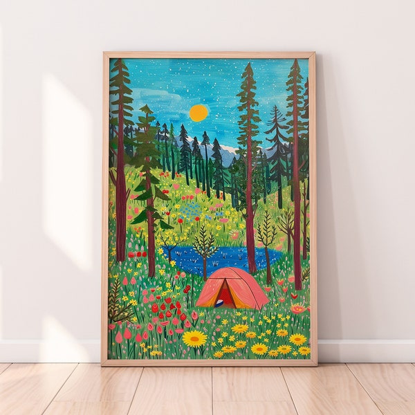 Camping Day Art Print, Colorful Wall Art, Forest Themed Home Decor