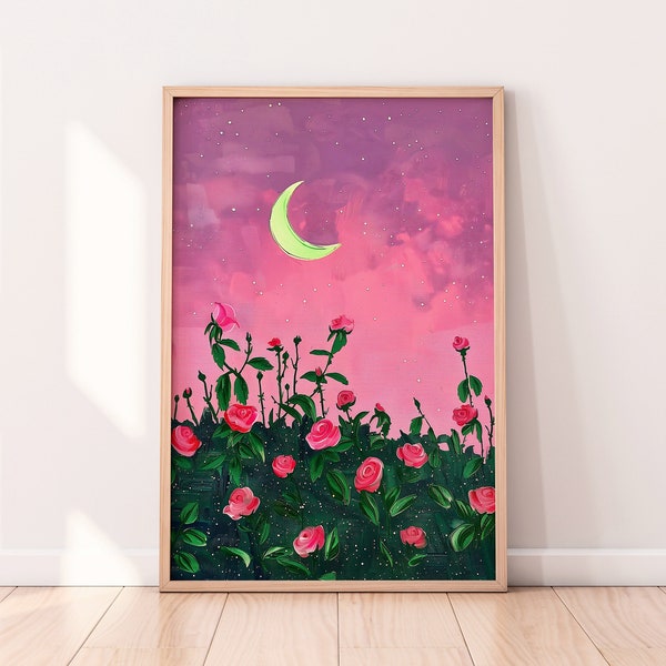 Pink Roses Gouache Painting, Floral Botanical Wall Art