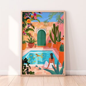 May include: A colorful illustration of a woman relaxing by a pool in a courtyard with lush greenery, cacti, and a blue tiled pool. The woman is wearing a white dress and has long dark hair. The courtyard is surrounded by a brick wall with a green door.