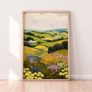 English Countryside Painting, Travel Illustration, Rustic Meadow Print