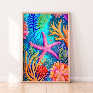 Ocean Pink Starfish Illustration, Coral Reef, Under The Sea Art Print, Colorful Wall Art, Printable Art, Digital Download