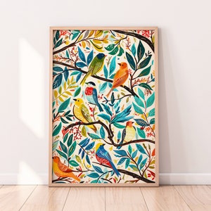 Colorful Birds Illustration, Nature Gouache Illustration, Nursery Art, Printable Digital Download