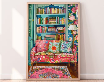 Cosy Bookshelf Illustration: Colorful Bookworm Reading Nook Art (Digital Download)