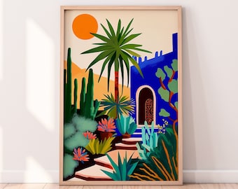 Jardin Majorelle Garden Illustration, Marrakesh Artwork, Mediterranean architecture, Moroccan travel-inspired wall art