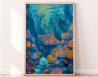 Stingray in Ocean Reef, Illustration, Sea Life Nautical Ocean, Coastal Wall Decor, Sea creatures, Colorful Sea Print, Under The Sea