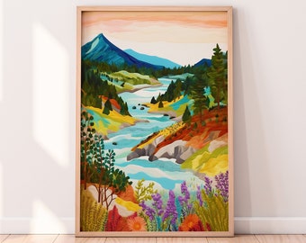 Colorful Mountain Scenery Wall Art, Summer Bright Vibrant Print, Printable Digital