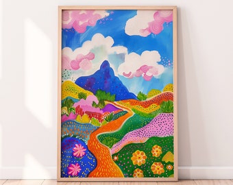 Pink Clouds Colorful Mountain Top, Abstract Mountain, Colorful Wall Art, Acrylic Art, Illustration, Scenery Art, Maximalist Wall Art