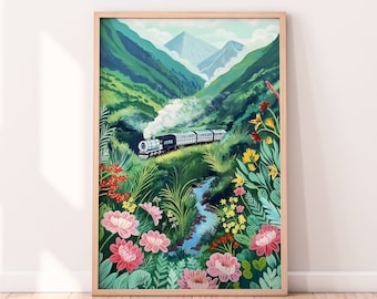 Travel by Train, Colorful Travel Illustration, Printable Digital