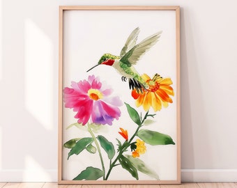 Hummingbird Painting, Bird Print, Hummingbird Watercolor, Floral Wall Art, Digital Download