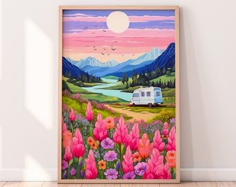 Campervan travel printable art, New Zealand, Travel illustration, Mountain print, Birthday present, Housewarming gift, NZ Wall Art