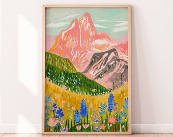 Abstract Mountain Artwork, Colorful Wall Art, Abstract Art, Acrylic Art, Illustration, Living Room Print, Scenery Art, Floral Art