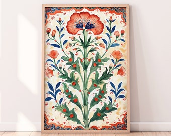 Vintage Carnation Art Print: Traditional Turkish Floral Design (Digital Download)