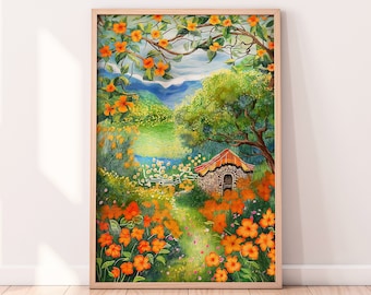 Orange Flower Garden Print: Colorful Summer Scenery (Digital Download)