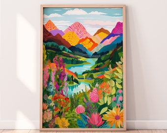 Abstract Mountain Artwork, Colorful Wall Art, Abstract Art, Acrylic Art, Illustration Art, Living Room Print, Scenery Art, Floral Art