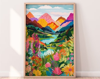 Abstract Mountain Artwork, Abstract Colorful Wall Art, Illustration, Living Room Decor, Scenery, Floral Painting