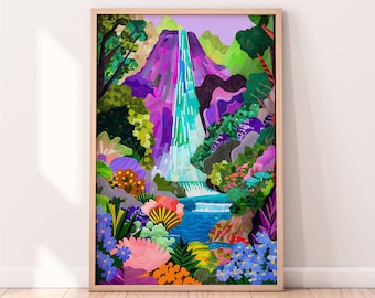 Colorful Abstract Waterfall Art Print: Floral Scenery Illustration (Digital Download)