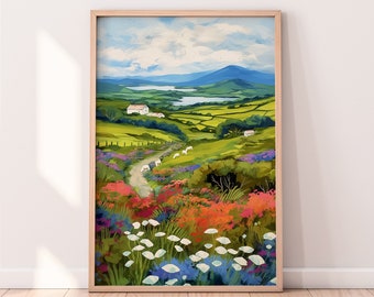 Ireland travel art, Irish Countryside Painting, Scenery wall art, Landscape Print