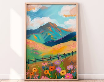 Maximalist Abstract Mountain Artwork, Colorful Wall Art, Abstract Acrylic Art, Illustration, Living Room Print, Scenery Art, Floral Art