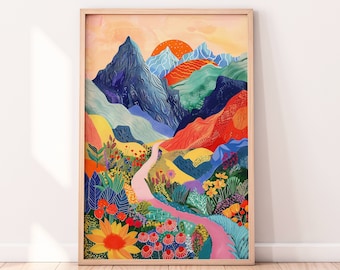 Mountain Scenery Illustration, Printable Digital, Colorful Landscape Art