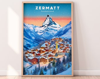 Switzerland Illustration, Printable Digital, Switzerland Snow Art, Switzerland Zermatt, Switzerland travel