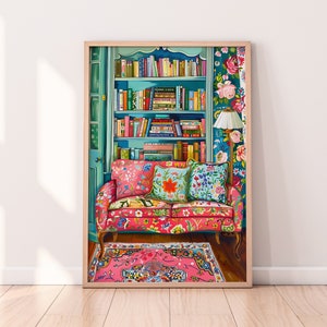 Cosy Bookshelf Illustration, Book Art, Home Office Bookworm Library Reading Nook Wall Decor, Digital Download