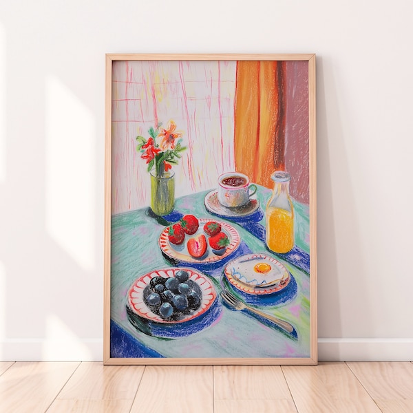 Ilustración de desayuno, decoración de cocina, brunch dominical, fruta, arte imprimible de cocina colorida
