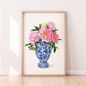 Rosa Pfingstrosen im Ginger Jar, blau und weiße Keramik Kunst, Illustration, digitaler Download