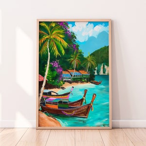 May include: A framed painting depicting a tropical scene with palm trees, turquoise water, and traditional Thai longtail boats. The boats are docked on a sandy beach with lush green foliage in the background.