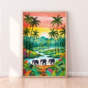Impresión de ilustración de viajes de Sri Lanka, Impresión digital del Parque Nacional Udawalawe, Elefantes, Animales Safari