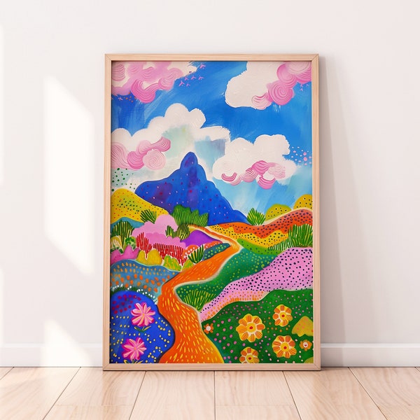 Pink Clouds Colorful Mountain Top, Abstract Mountain, Colorful Wall Art, Acrylic Art, Illustration, Scenery Art, Maximalist Wall Art