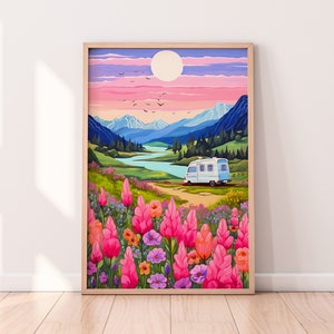 Campervan travel printable art, New Zealand, Travel illustration, Mountain print, Birthday present, Housewarming gift, NZ Wall Art