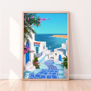Tunisia illustration Printable, Sidi Bou Said Travel Art