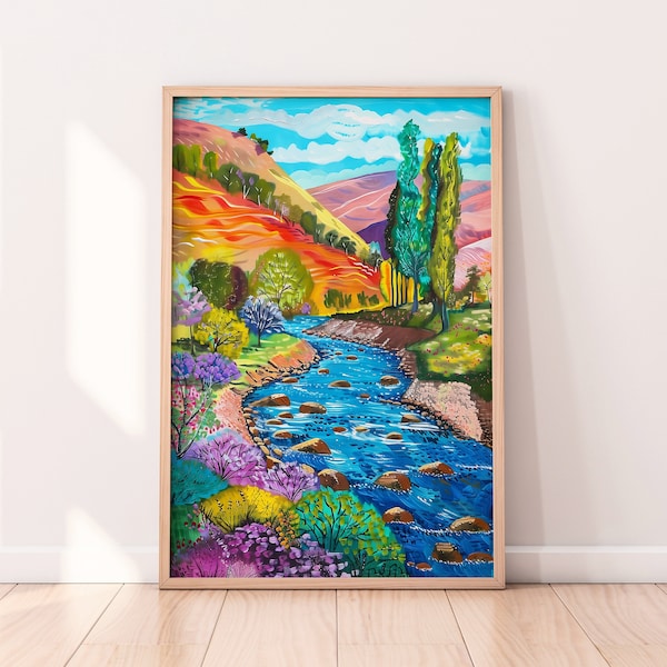 Colorful River Landscape Painting, Printable Wall Art, Acrylic Art, Illustration, Living Room Print, Scenery Art, Floral Art