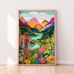 Abstract Mountain Artwork, Colorful Wall Art, Abstract Art, Acrylic Art, Illustration Art, Living Room Print, Scenery Art, Floral Art image 1