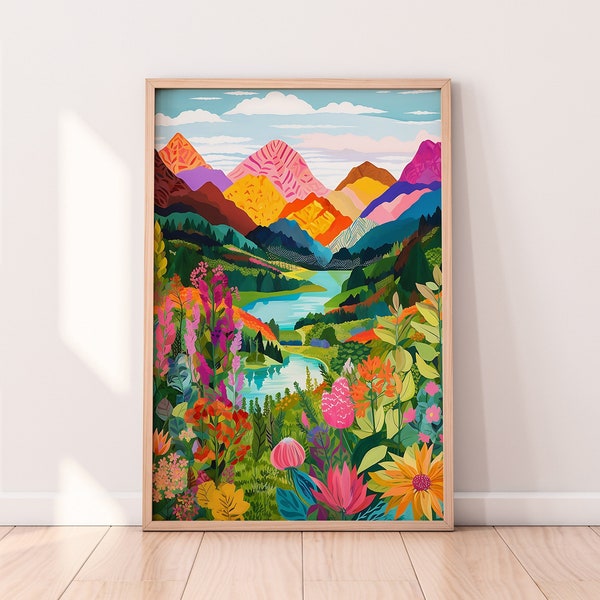 Abstrakt bergskonstverk, abstrakt färgglad väggkonst, illustration, vardagsrumsinredning, landskap, blomstermålning