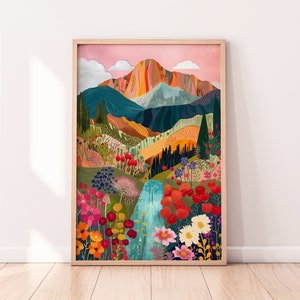 Abstract Patchwork Mountain Wall Art, Colorful Wall Art, Abstract Wall Art, Acrylic Art, Illustration Art, Scenery Art Print image 1