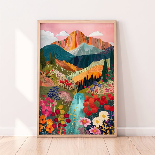 Abstract Patchwork Mountain Wall Art, Colorful Wall Art, Abstract Wall Art, Acrylic Art, Illustration Art, Scenery Art Print